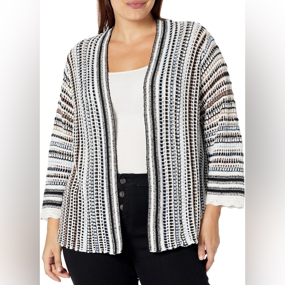 NIC+ZOE Open Crochet Knit Cardigan Sweater Black White Neutral Stripe 3X